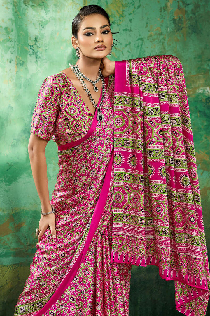 Burnt Pink Ajrakh Printed Satin Silk Saree