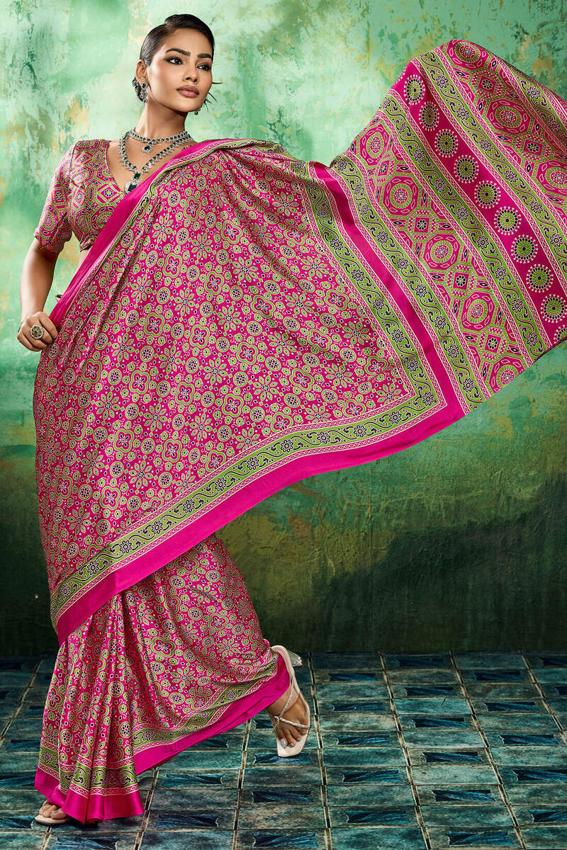 Burnt Pink Ajrakh Printed Satin Silk Saree