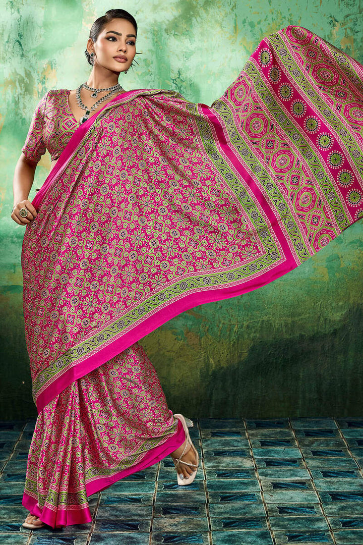 Burnt Pink Ajrakh Printed Satin Silk Saree