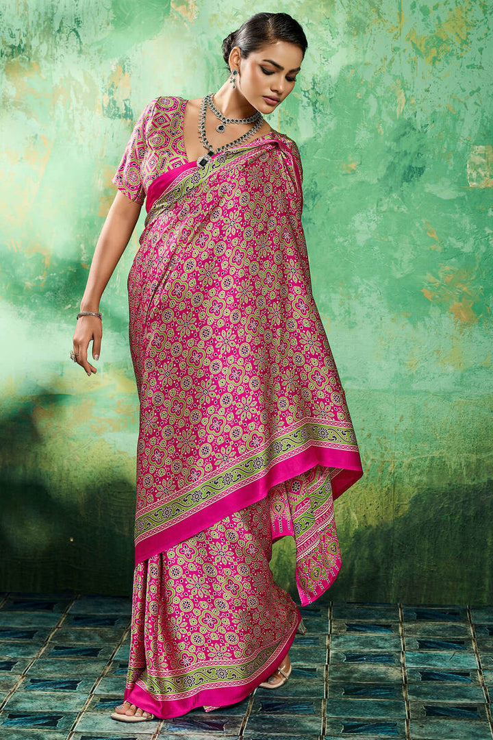 Burnt Pink Ajrakh Printed Satin Silk Saree