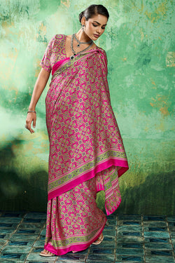 Burnt Pink Ajrakh Printed Satin Silk Saree