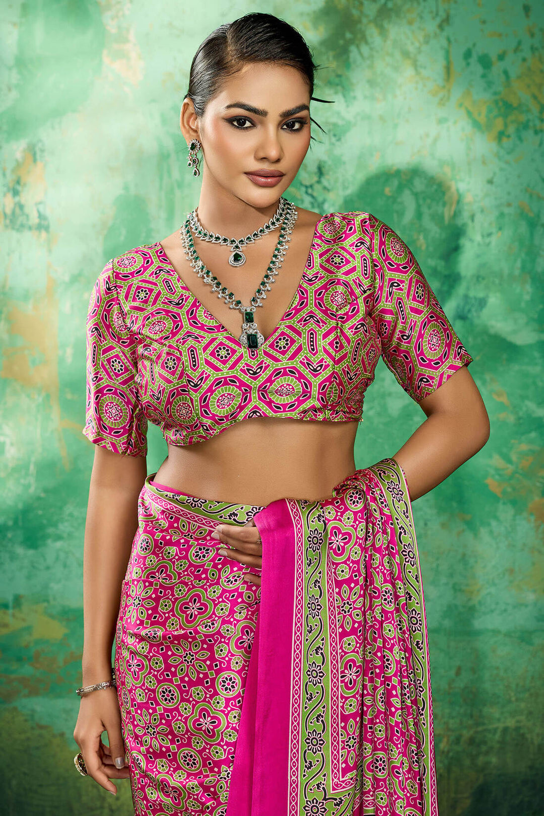 Burnt Pink Ajrakh Printed Satin Silk Saree