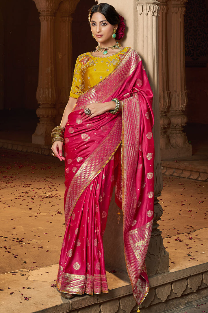 Burnt Pink Banarasi Satin Silk Saree with Embroidery Blouse