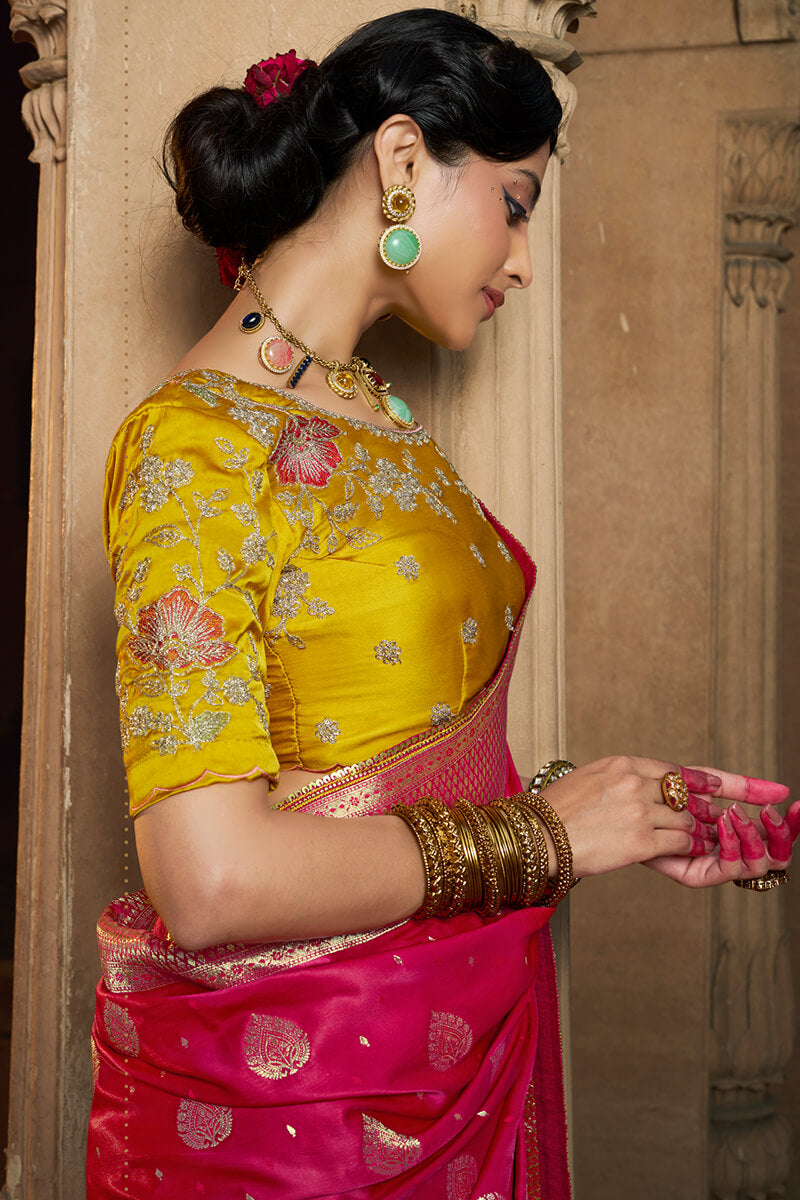 Burnt Pink Banarasi Satin Silk Saree with Embroidery Blouse