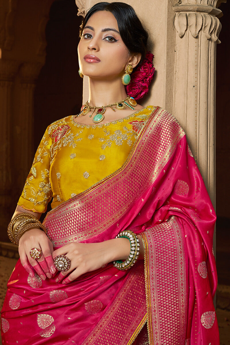 Burnt Pink Banarasi Satin Silk Saree with Embroidery Blouse