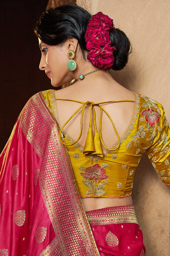 Burnt Pink Banarasi Satin Silk Saree with Embroidery Blouse