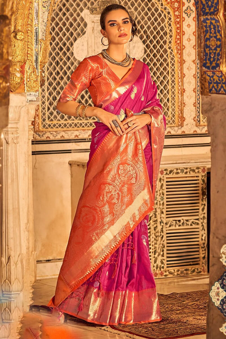 Burnt Pink Banarasi Tussar Silk Saree