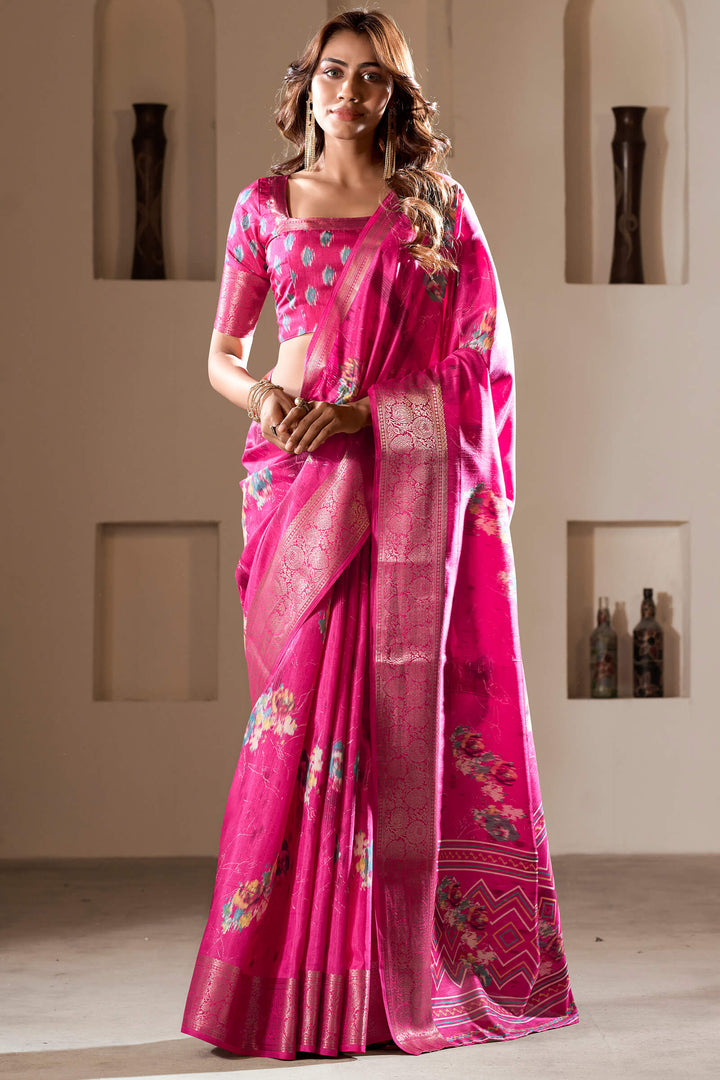 Burnt Pink Foil Printed Dola Silk Saree