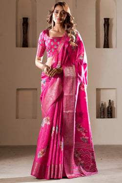 Burnt Pink Foil Printed Dola Silk Saree
