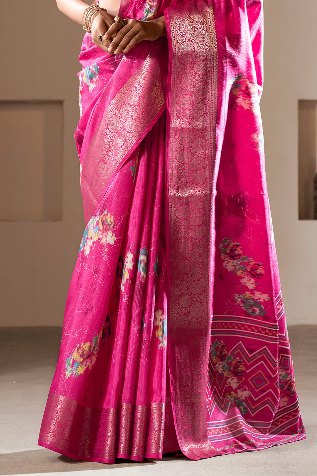 Burnt Pink Foil Printed Dola Silk Saree
