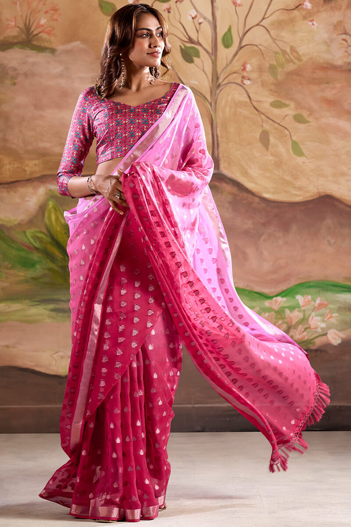 Burnt Pink Georgette Banarasi Silk Saree