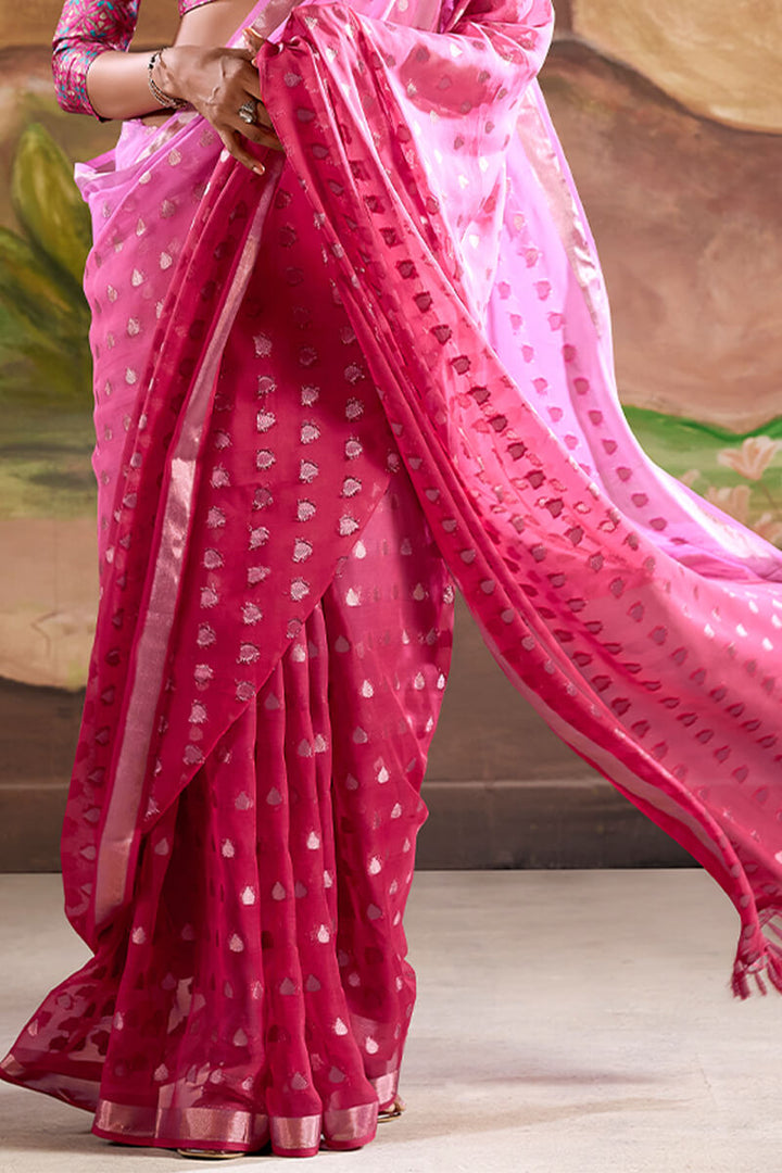 Burnt Pink Georgette Banarasi Silk Saree