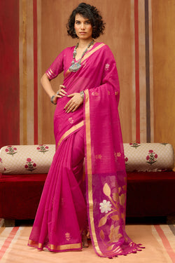 Burnt Pink Munga Cotton Silk Saree with Organza Weaving Pallu