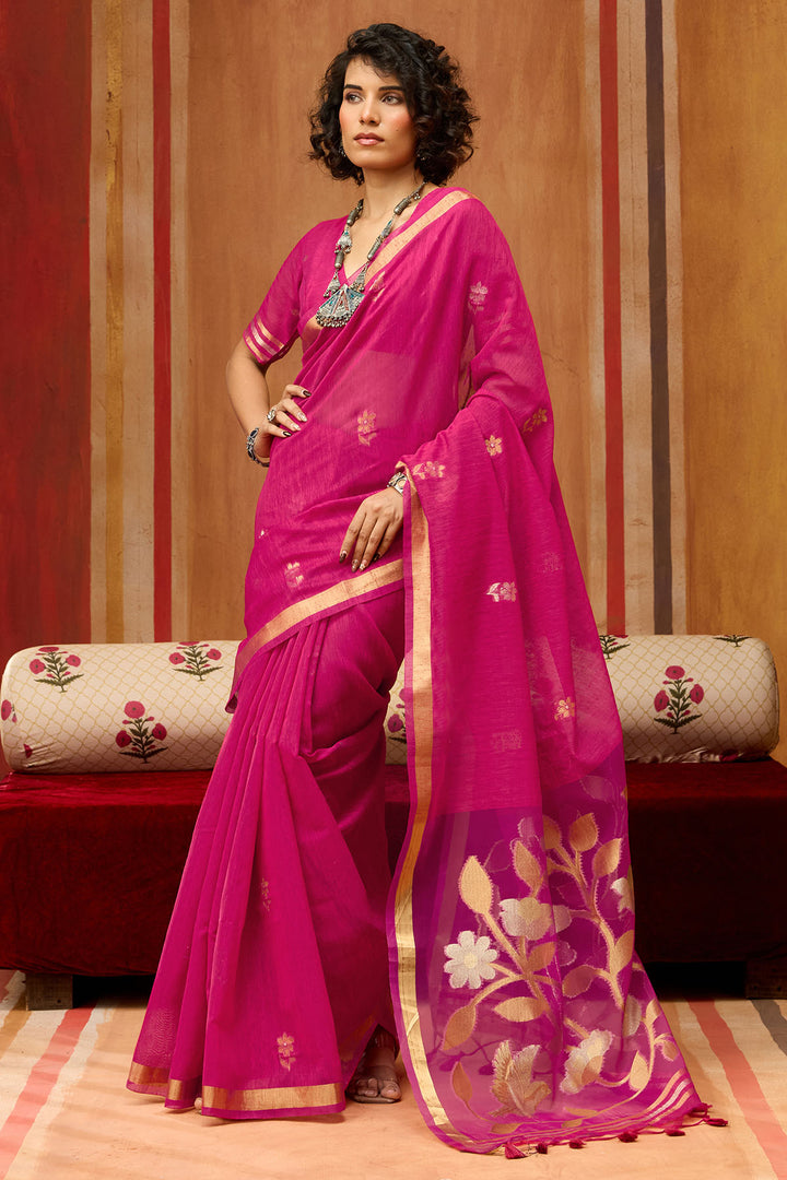 Burnt Pink Munga Cotton Silk Saree with Organza Weaving Pallu