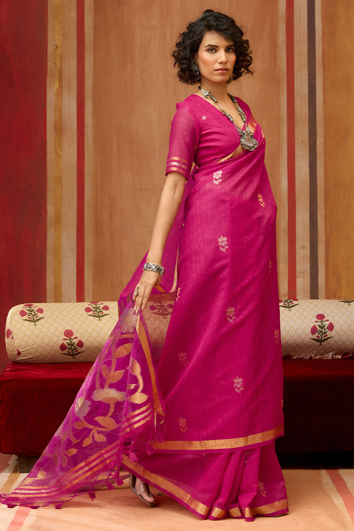 Burnt Pink Munga Cotton Silk Saree with Organza Weaving Pallu