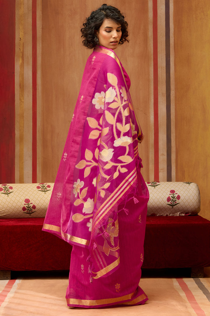 Burnt Pink Munga Cotton Silk Saree with Organza Weaving Pallu