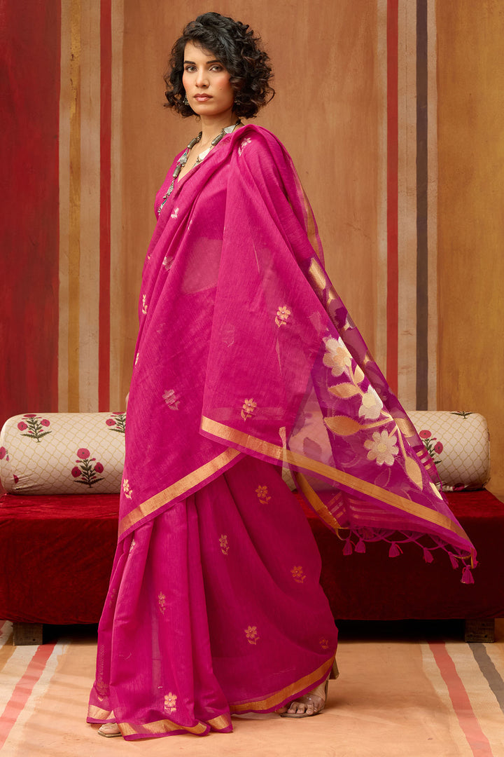 Burnt Pink Munga Cotton Silk Saree with Organza Weaving Pallu