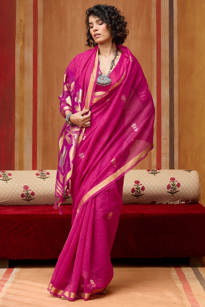 Burnt Pink Munga Cotton Silk Saree with Organza Weaving Pallu