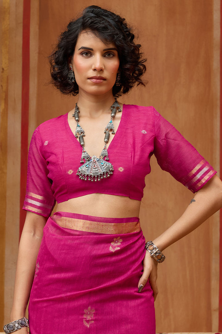 Burnt Pink Munga Cotton Silk Saree with Organza Weaving Pallu