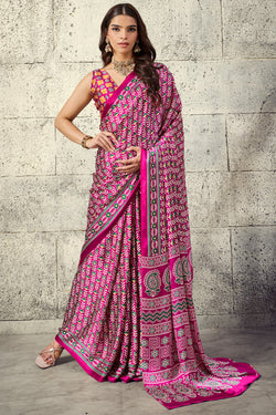 Burnt Pink Printed Semi Modal Satin Silk Saree