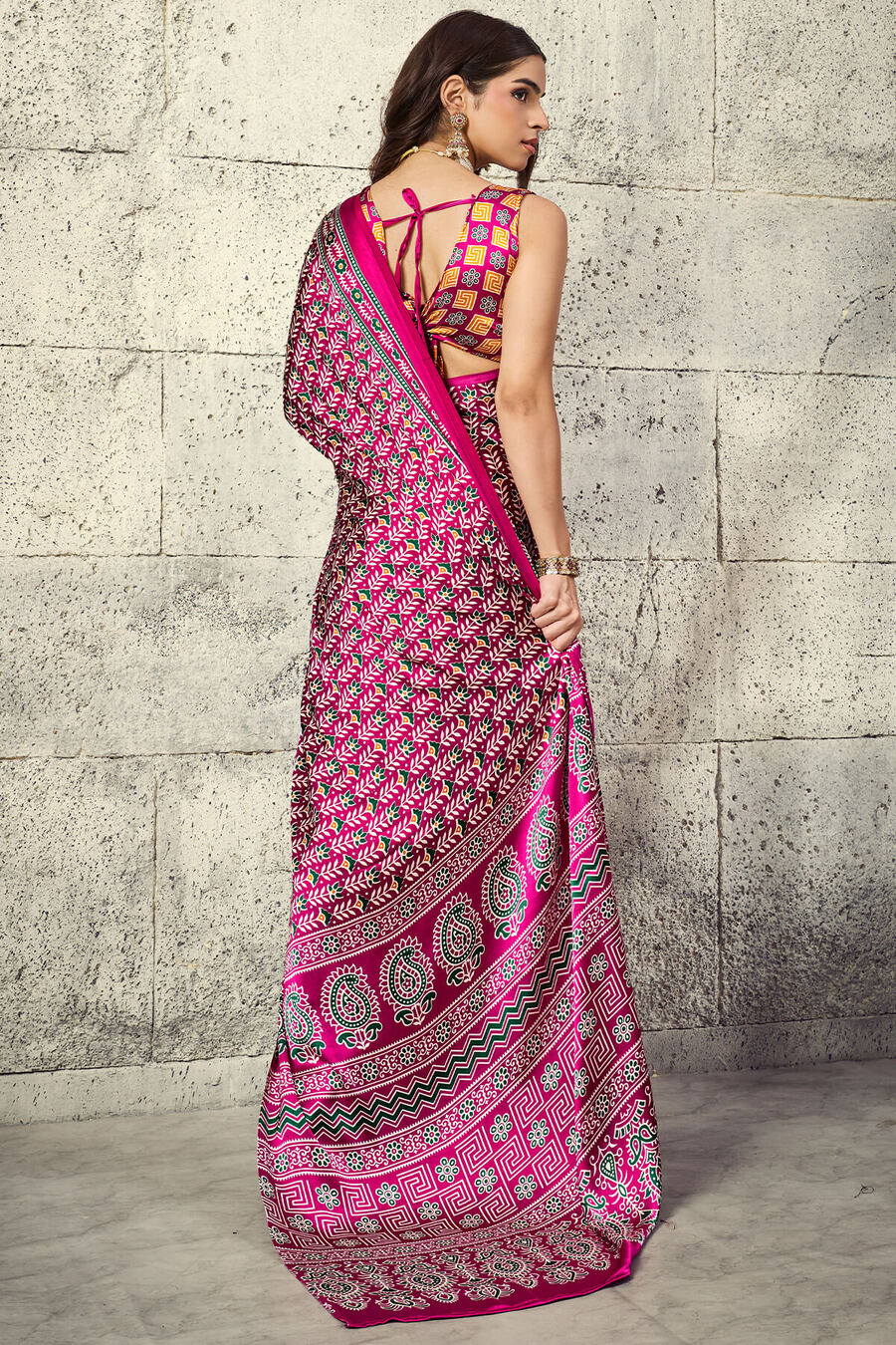 Burnt Pink Printed Semi Modal Satin Silk Saree