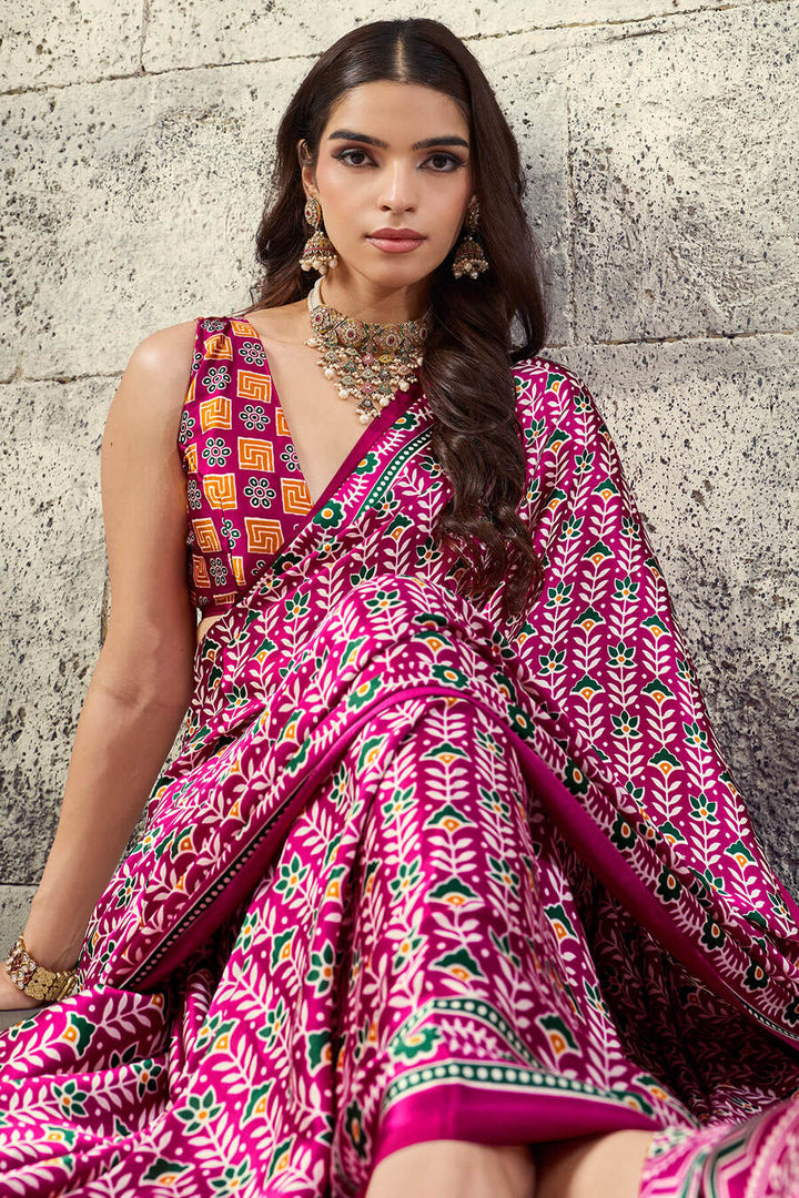 Burnt Pink Printed Semi Modal Satin Silk Saree