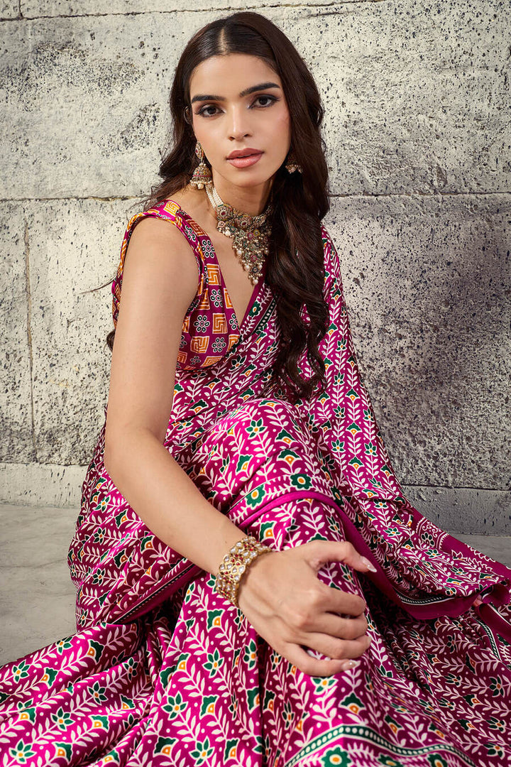 Burnt Pink Printed Semi Modal Satin Silk Saree