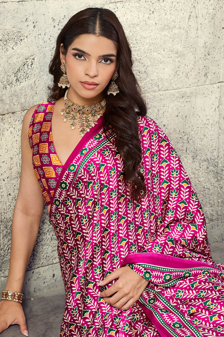 Burnt Pink Printed Semi Modal Satin Silk Saree