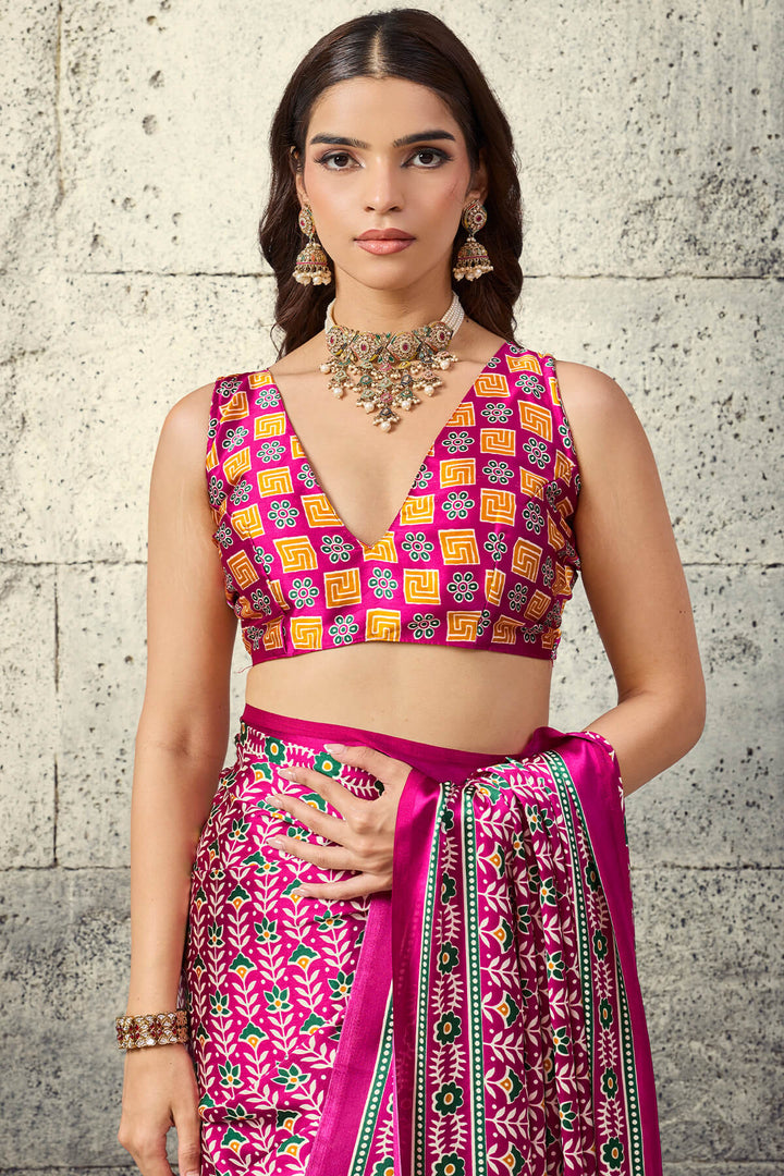 Burnt Pink Printed Semi Modal Satin Silk Saree