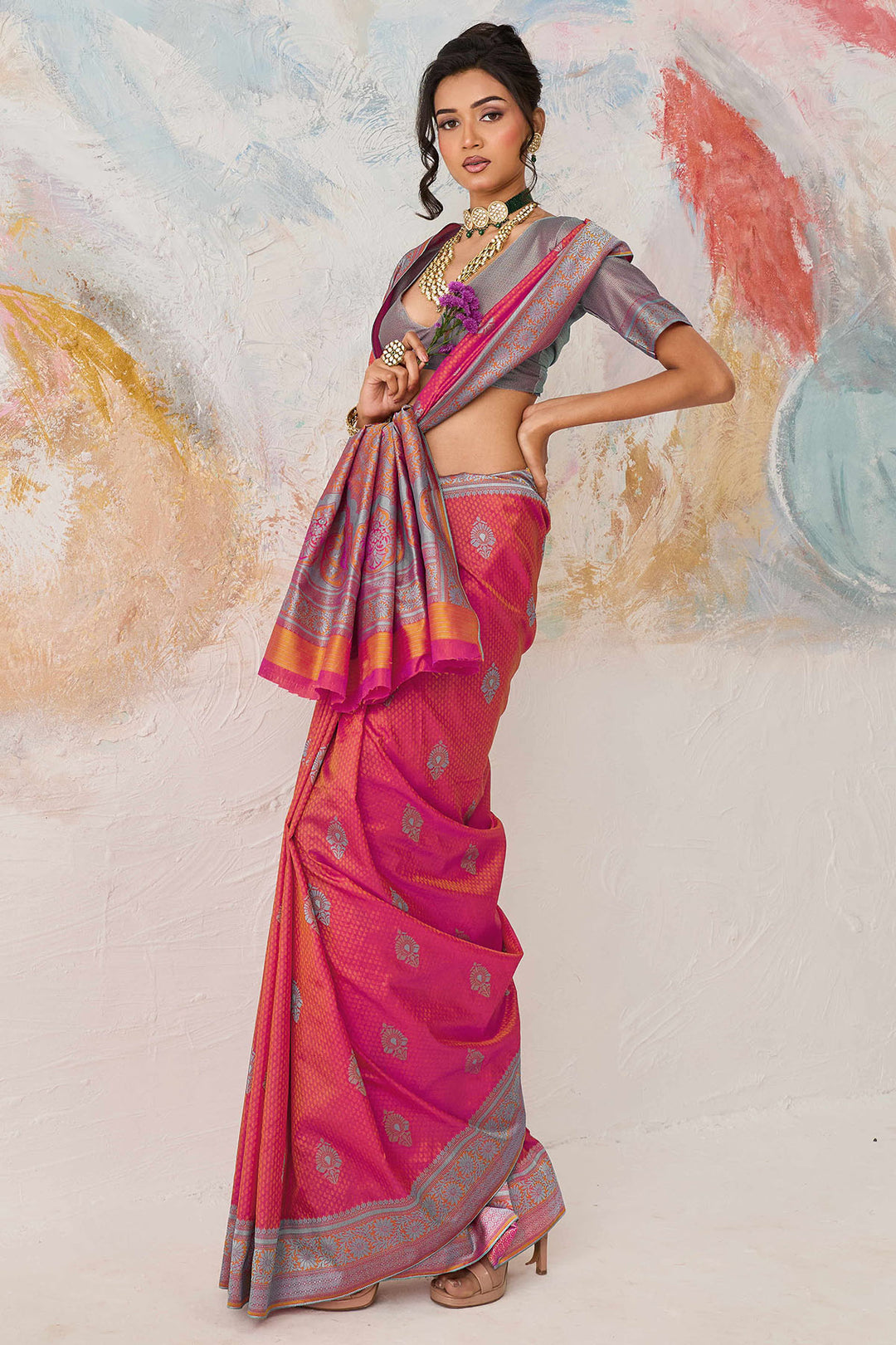 Burnt Pink Woven Kanjivaram Silk Saree