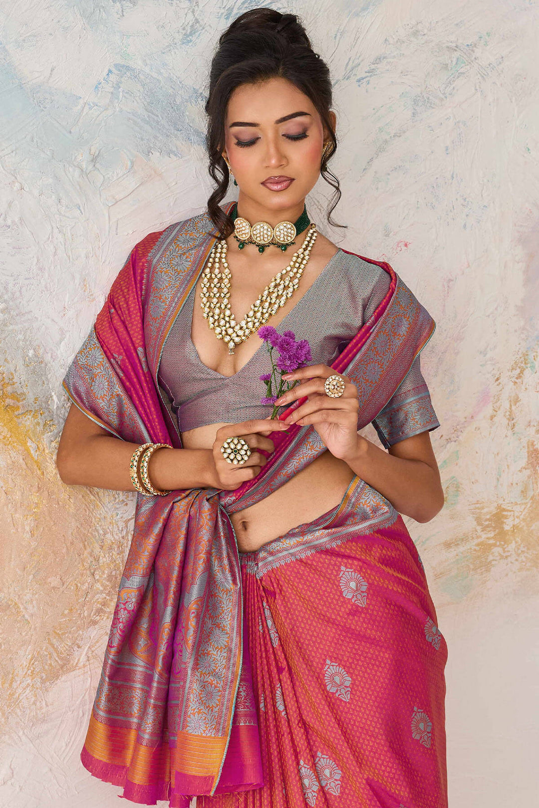 Burnt Pink Woven Kanjivaram Silk Saree