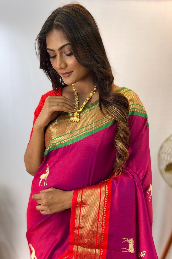 Burnt Pink Zari Woven Paithani Silk Saree