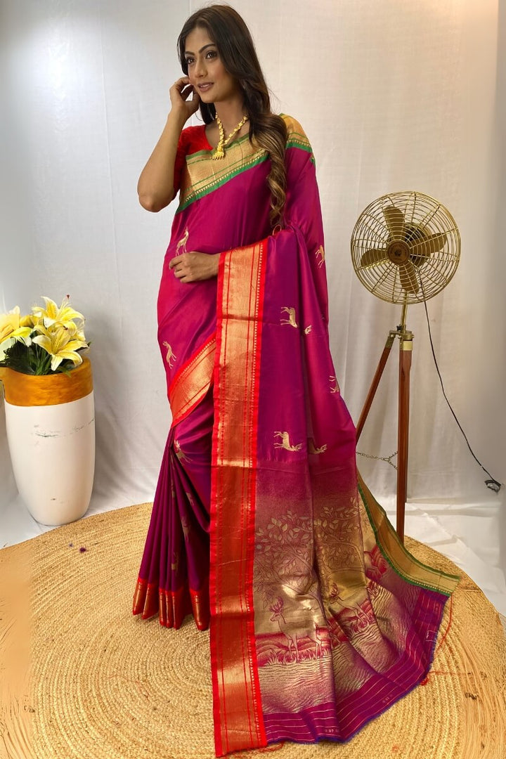 Burnt Pink Zari Woven Paithani Silk Saree