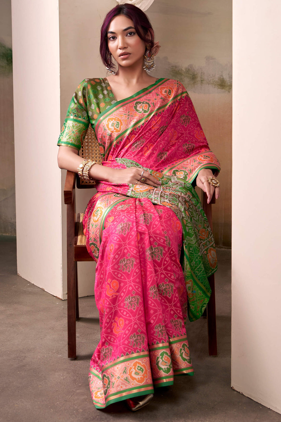 Burnt Pink Zari Woven Patola Silk Saree