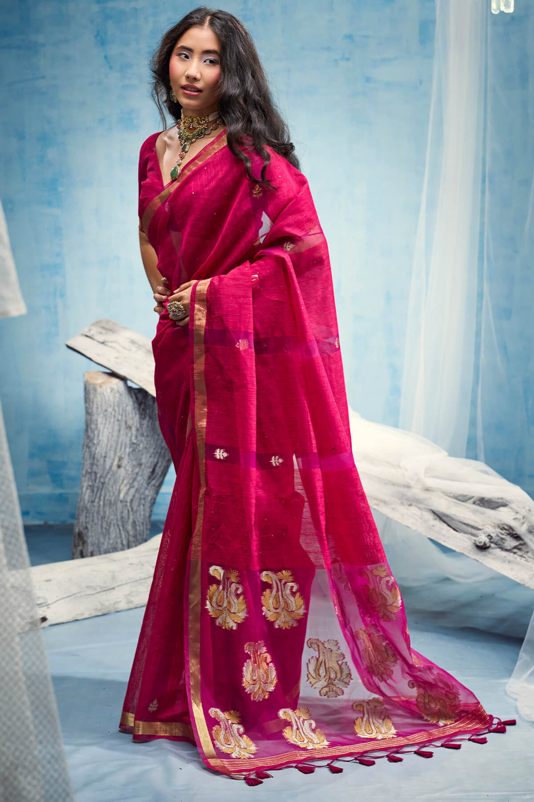 Burnt Pink Zari Woven Pure Munga Cotton saree