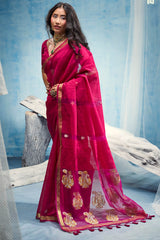 Burnt Pink Zari Woven Pure Munga Cotton saree