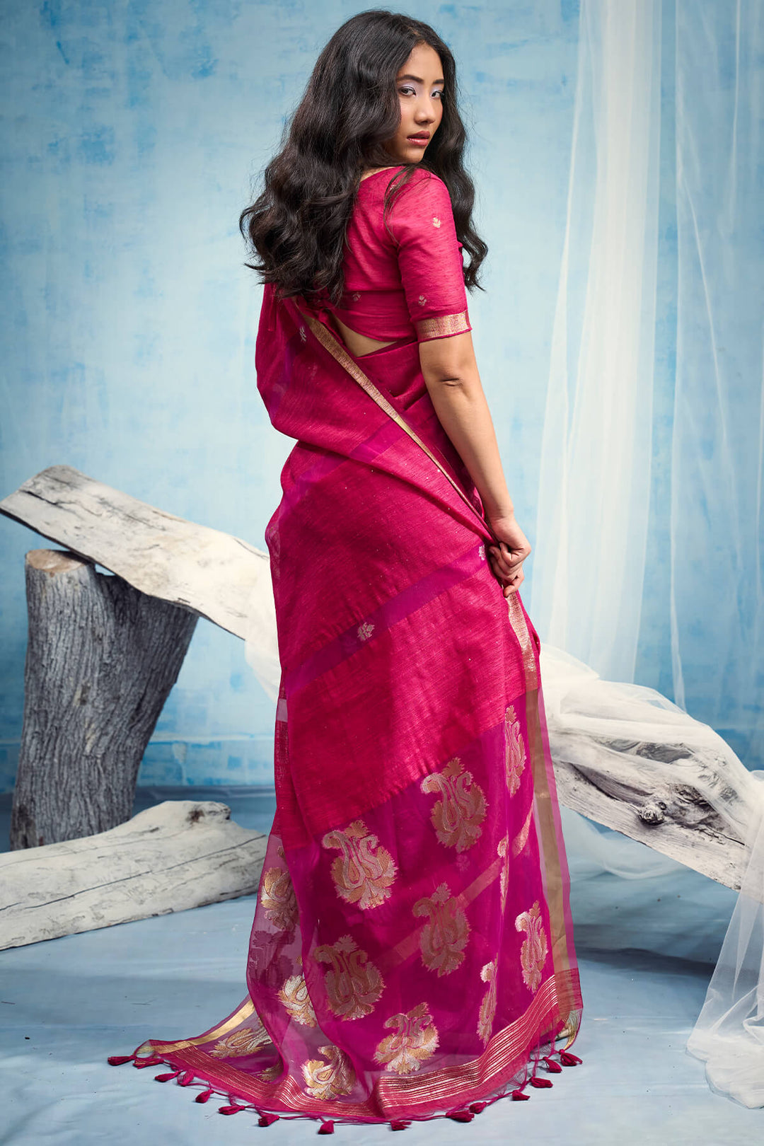 Burnt Pink Zari Woven Pure Munga Cotton saree