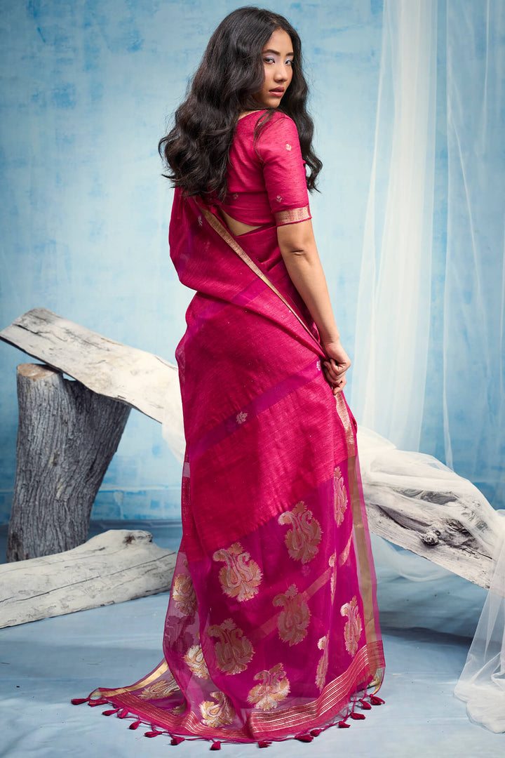 Burnt Pink Zari Woven Pure Munga Cotton saree