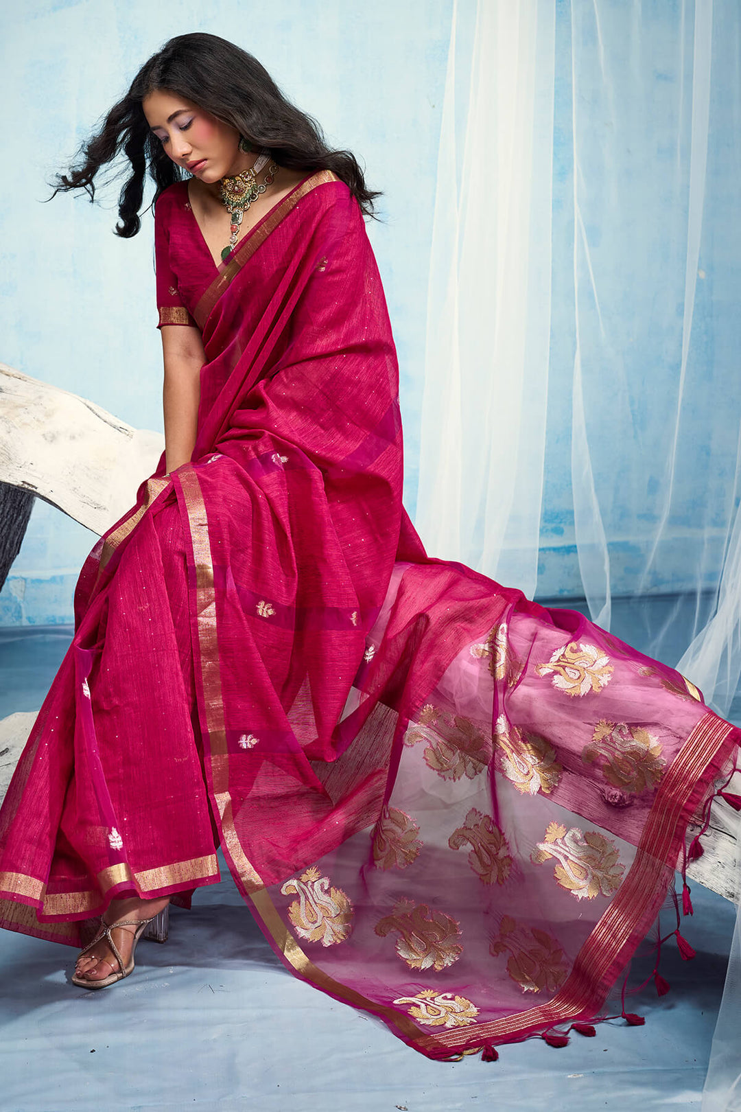 Burnt Pink Zari Woven Pure Munga Cotton saree
