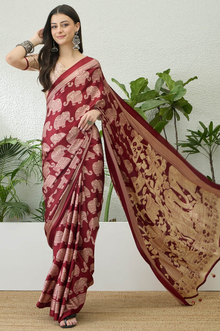 Burnt Red Ajrakh Printed Satin Silk Saree