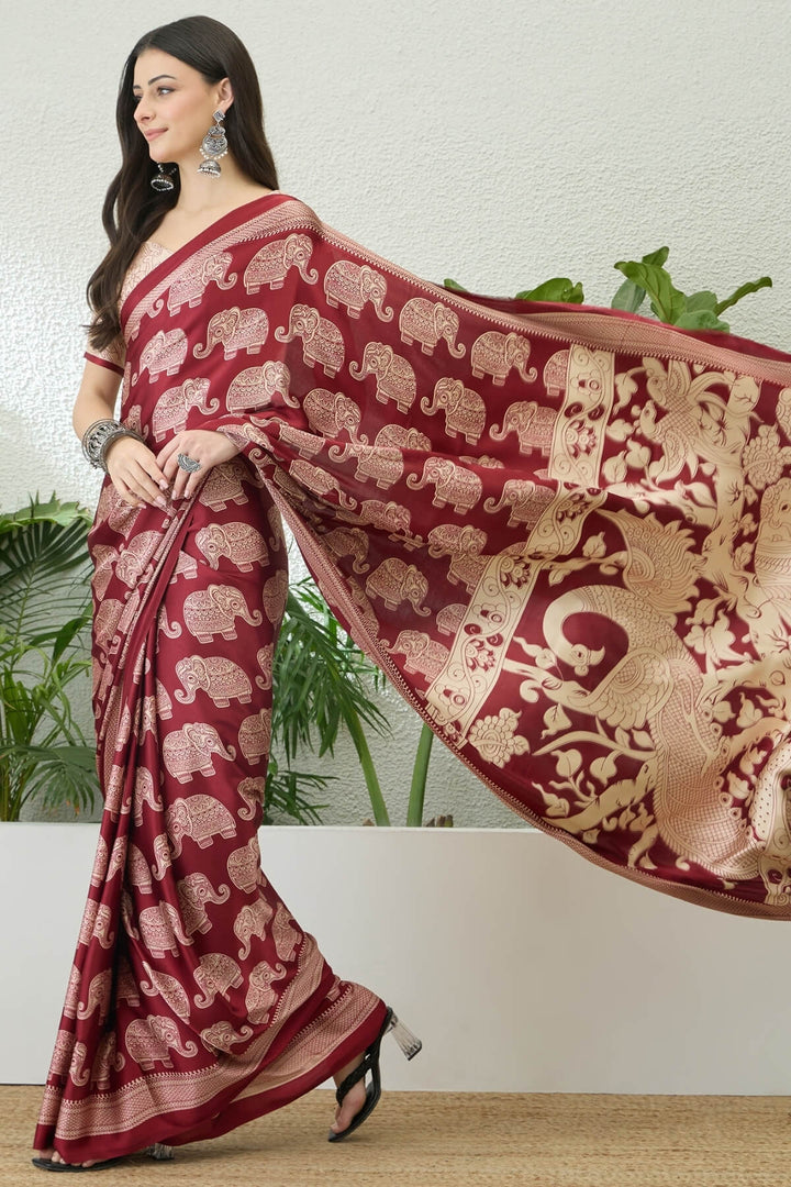 Burnt Red Ajrakh Printed Satin Silk Saree
