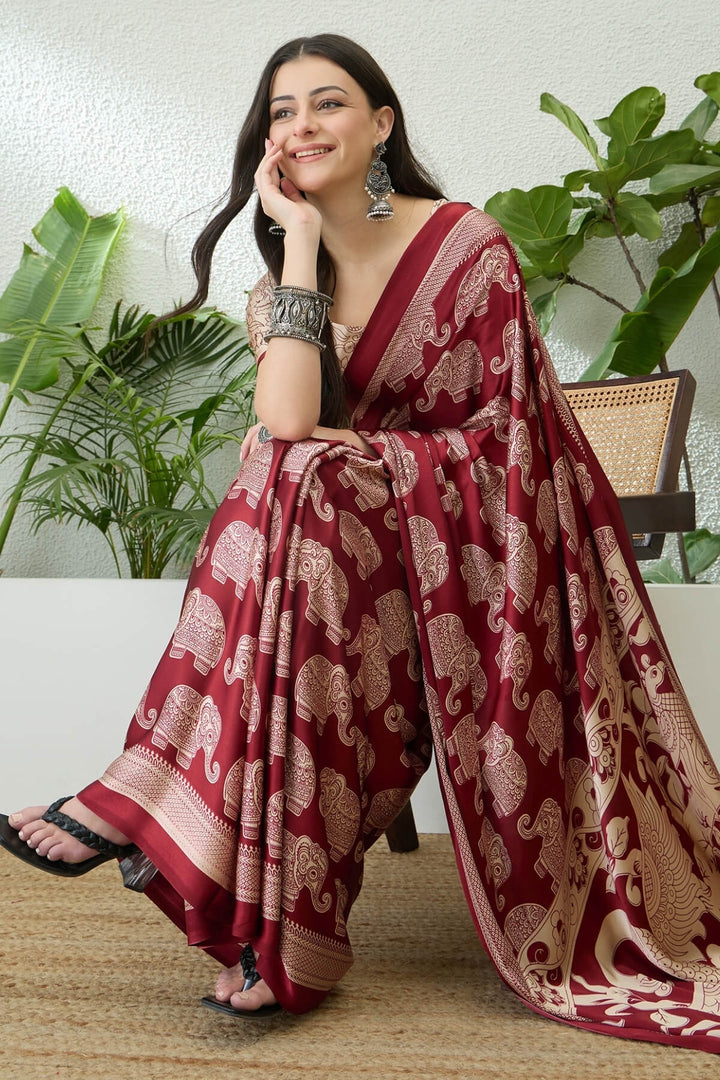 Burnt Red Ajrakh Printed Satin Silk Saree
