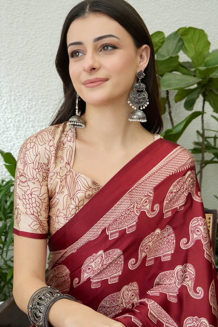 Burnt Red Ajrakh Printed Satin Silk Saree