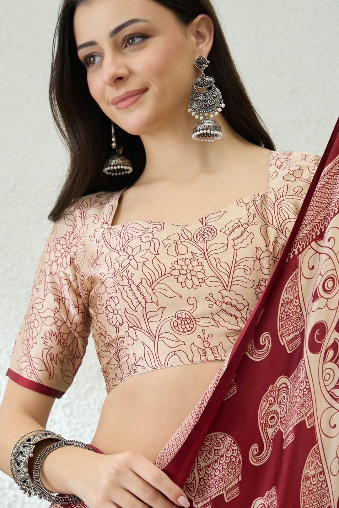 Burnt Red Ajrakh Printed Satin Silk Saree