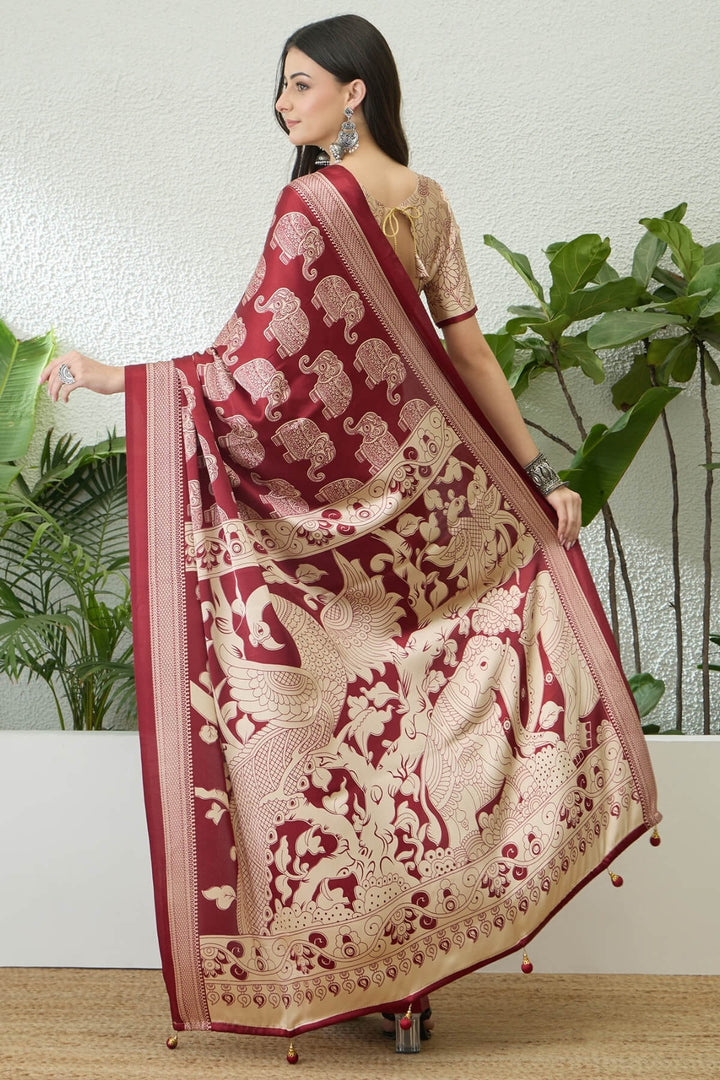 Burnt Red Ajrakh Printed Satin Silk Saree