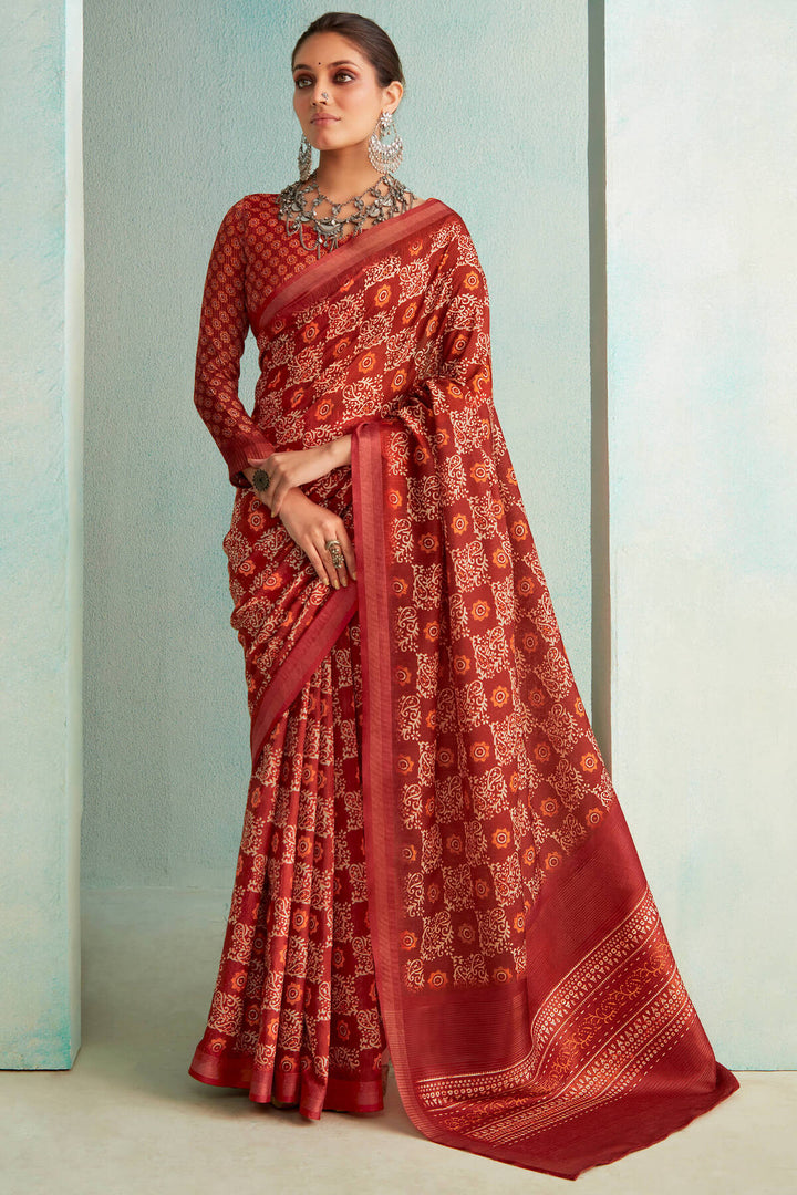 Burnt Red Handloom Woven Digital Printed Soft Silk Saree