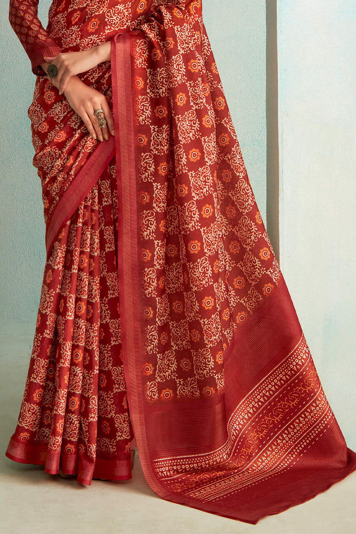 Burnt Red Handloom Woven Digital Printed Soft Silk Saree