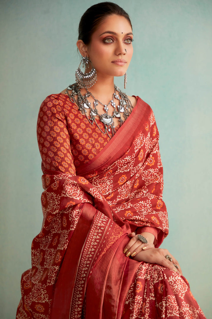 Burnt Red Handloom Woven Digital Printed Soft Silk Saree
