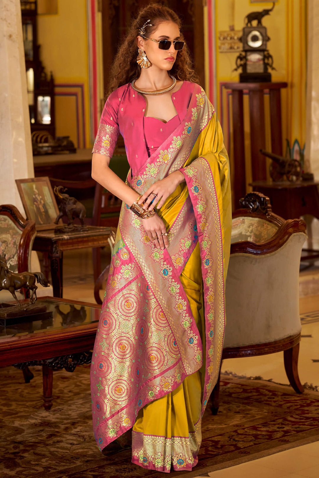 Burnt Yellow Banarasi Soft Silk Saree