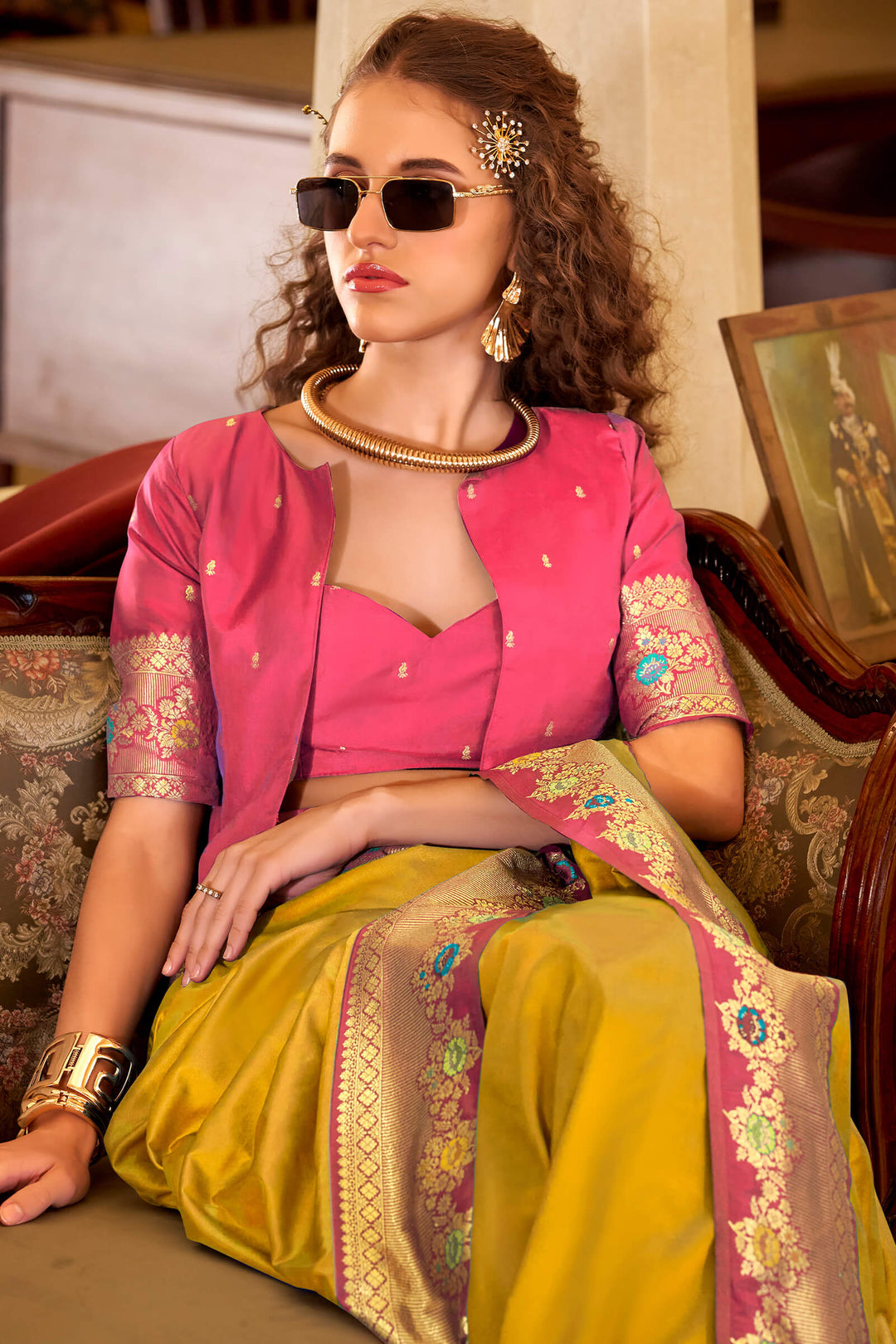 Burnt Yellow Banarasi Soft Silk Saree